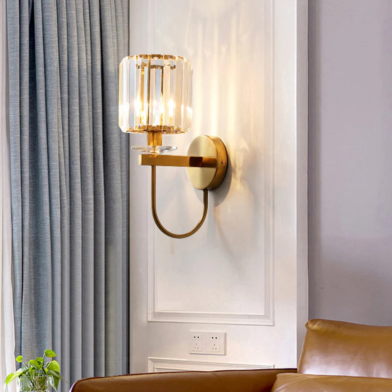 Cylindrical Crystal Wall Lighting Postmodern 1 Head Gold Finish Sconce with Curved Arm