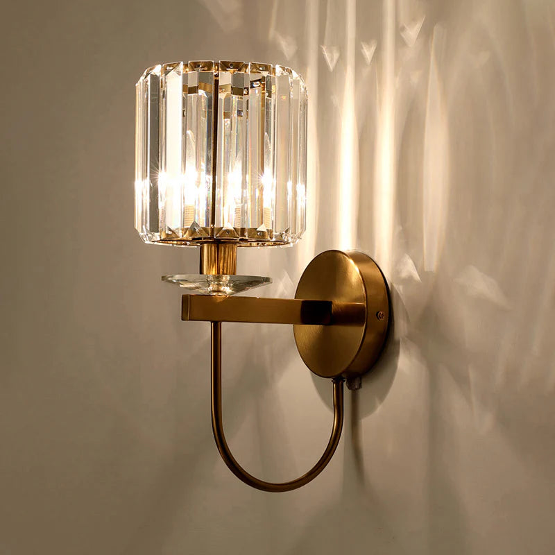 Cylindrical Crystal Wall Lighting Postmodern 1 Head Gold Finish Sconce with Curved Arm