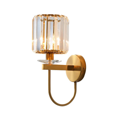 Cylindrical Crystal Wall Lighting Postmodern 1 Head Gold Finish Sconce with Curved Arm