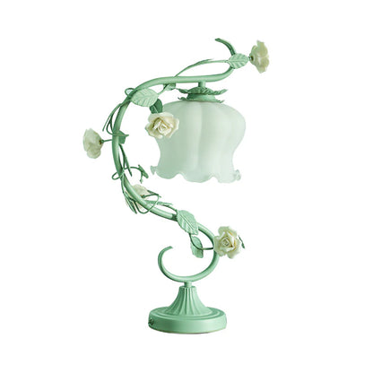 Rose Ceramic Nightstand Lamp Pastoral 1 Head Living Room Table Light with Bud Cream Glass Shade