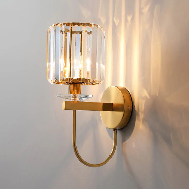 Cylindrical Crystal Wall Lighting Postmodern 1 Head Gold Finish Sconce with Curved Arm