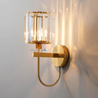 Cylindrical Crystal Wall Lighting Postmodern 1 Head Gold Finish Sconce with Curved Arm