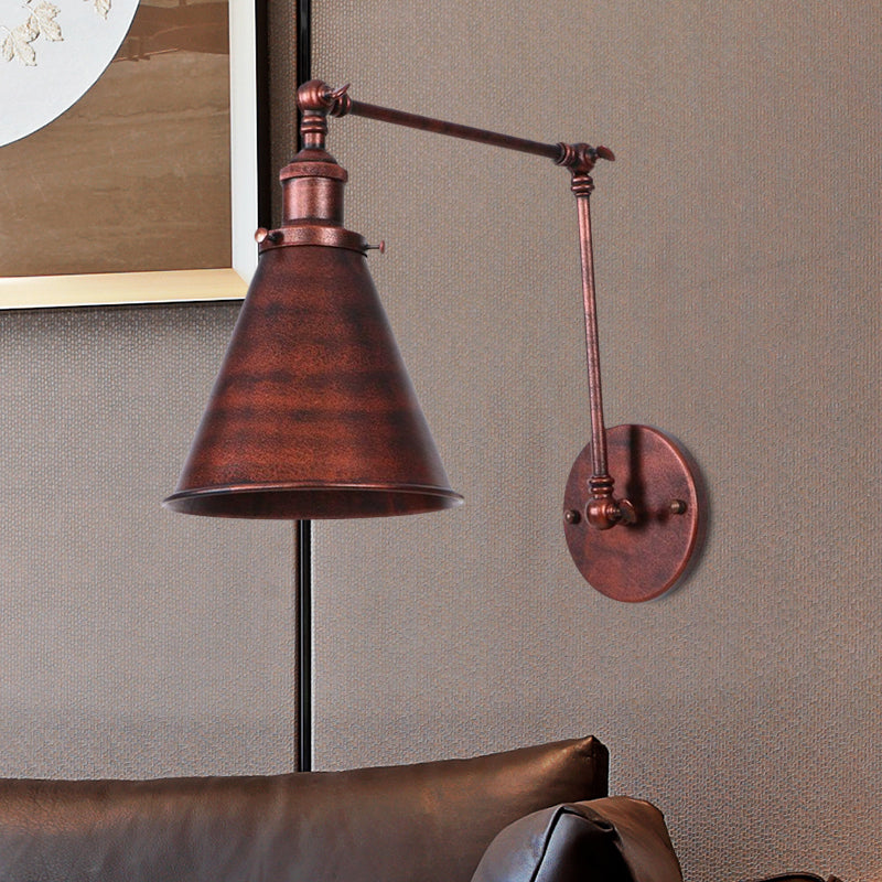 Farmhouse Style Cone Wall Sconce 1 Bulb Iron Wall Lighting Fixture in Black/Rust for Bedroom Clearhalo 'Art deco wall lights' 'Cast Iron' 'Glass' 'Industrial wall lights' 'Industrial' 'Middle century wall lights' 'Modern' 'Rustic wall lights' 'Tiffany' 'Traditional wall lights' 'Wall Lamps & Sconces' 'Wall Lights' Lighting' 679155