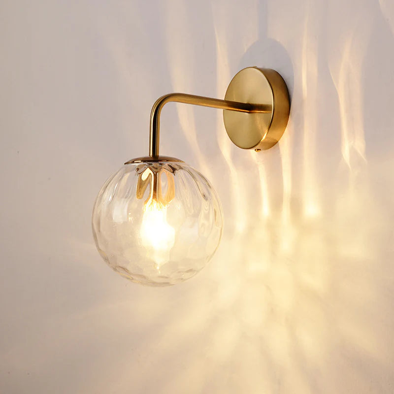 Rippled Glass Sphere Wall Lamp Minimalist 1 Light Gold Wall Sconce Lighting with Arm